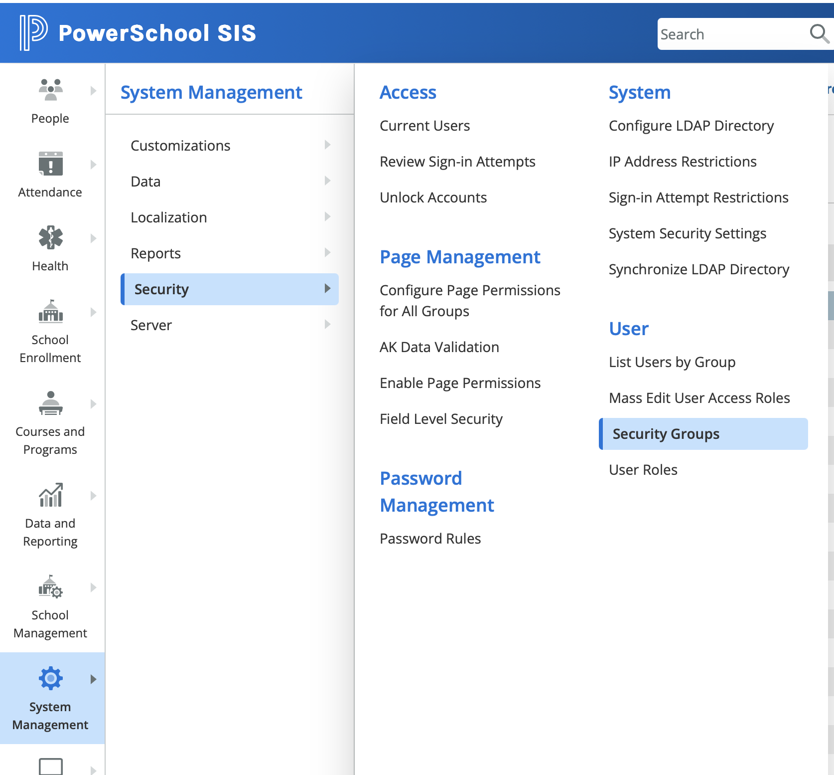 image showing the menu click-path to the Security Groups page.
