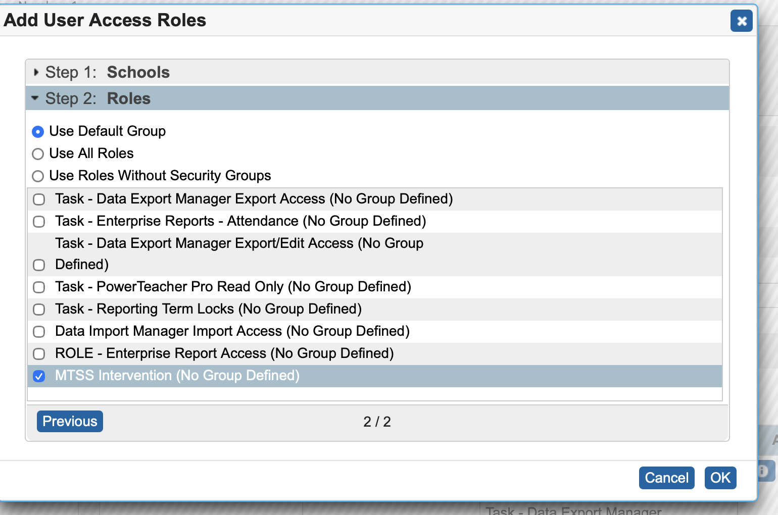 Image showing the MTSS Intervention role clicked.