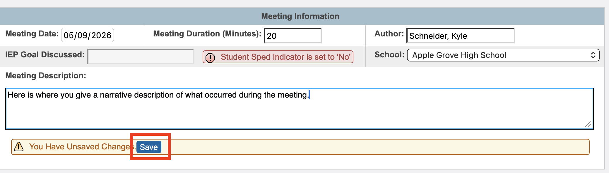 Image showing the Meeting Information section, highlighting the Save button for the meeting description text area.