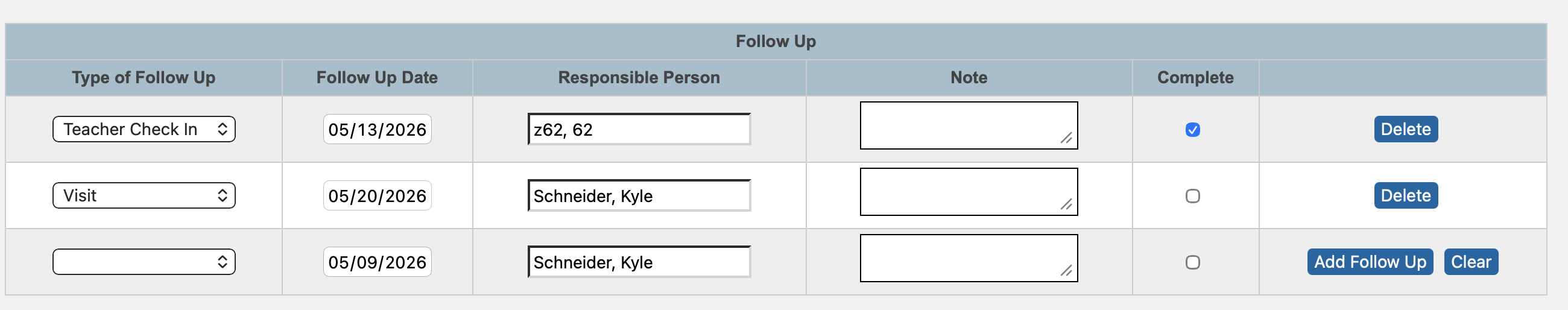 Image showing the follow up section with some follow up complete and others not.