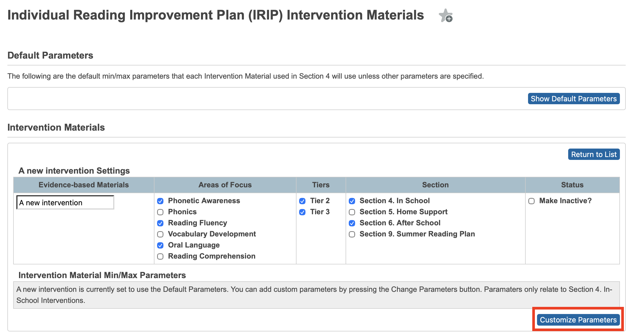 Highlighting the Customize Parameters button