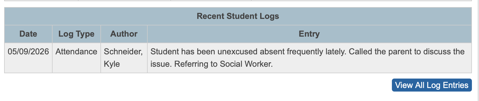 Image showing the Recent Student Logs table.