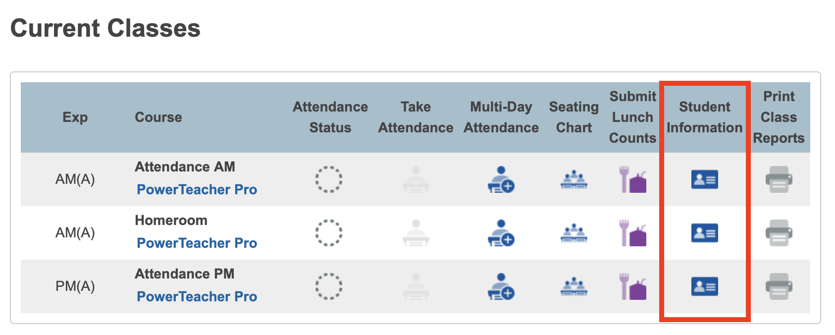 Image showing the Student Information icons highlighted.