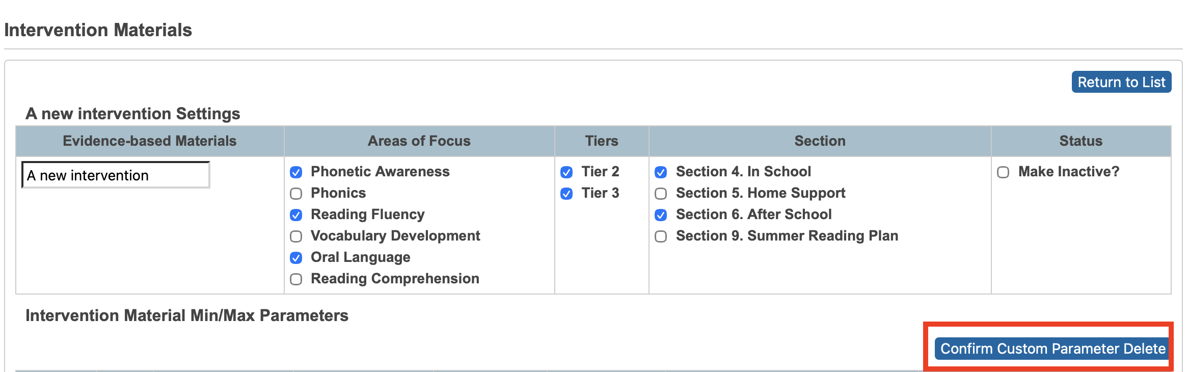 image highlighting the button to confirm custom parameter deletion.