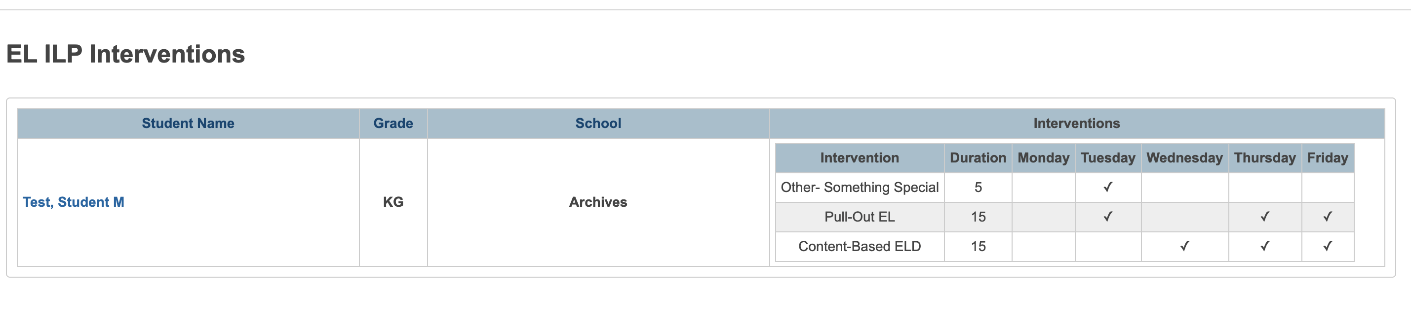 EL ILP Interventions report listing students with their interventions, weekly schedule, and duration.
