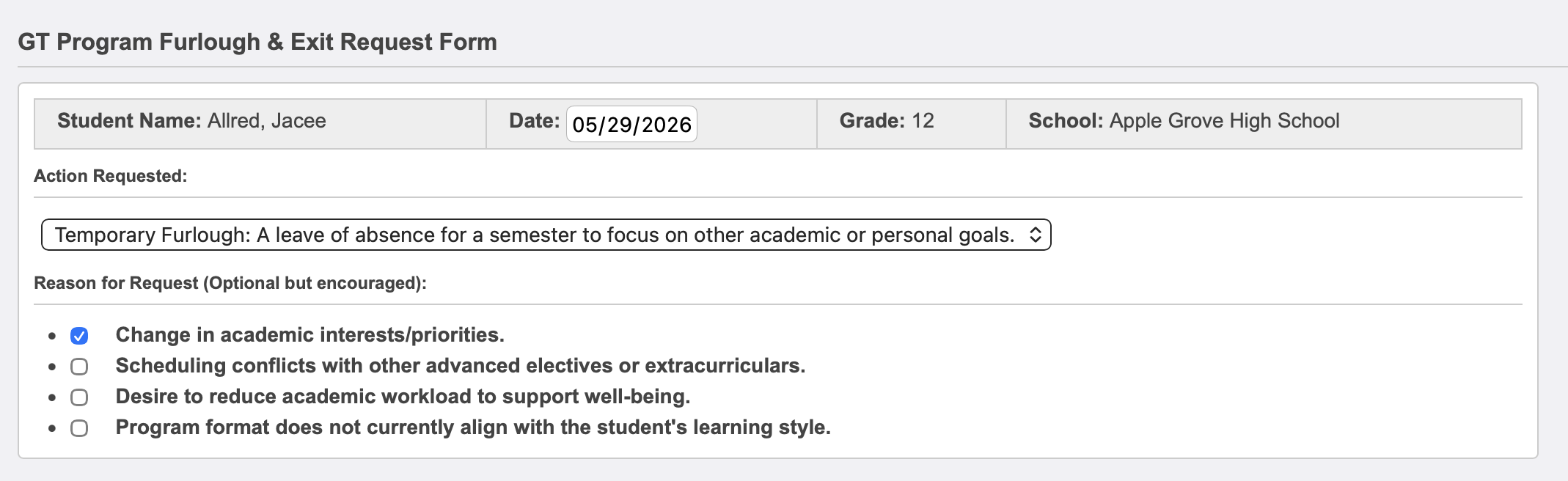 GT Program Furlough and Exit Request Form with action and reason options