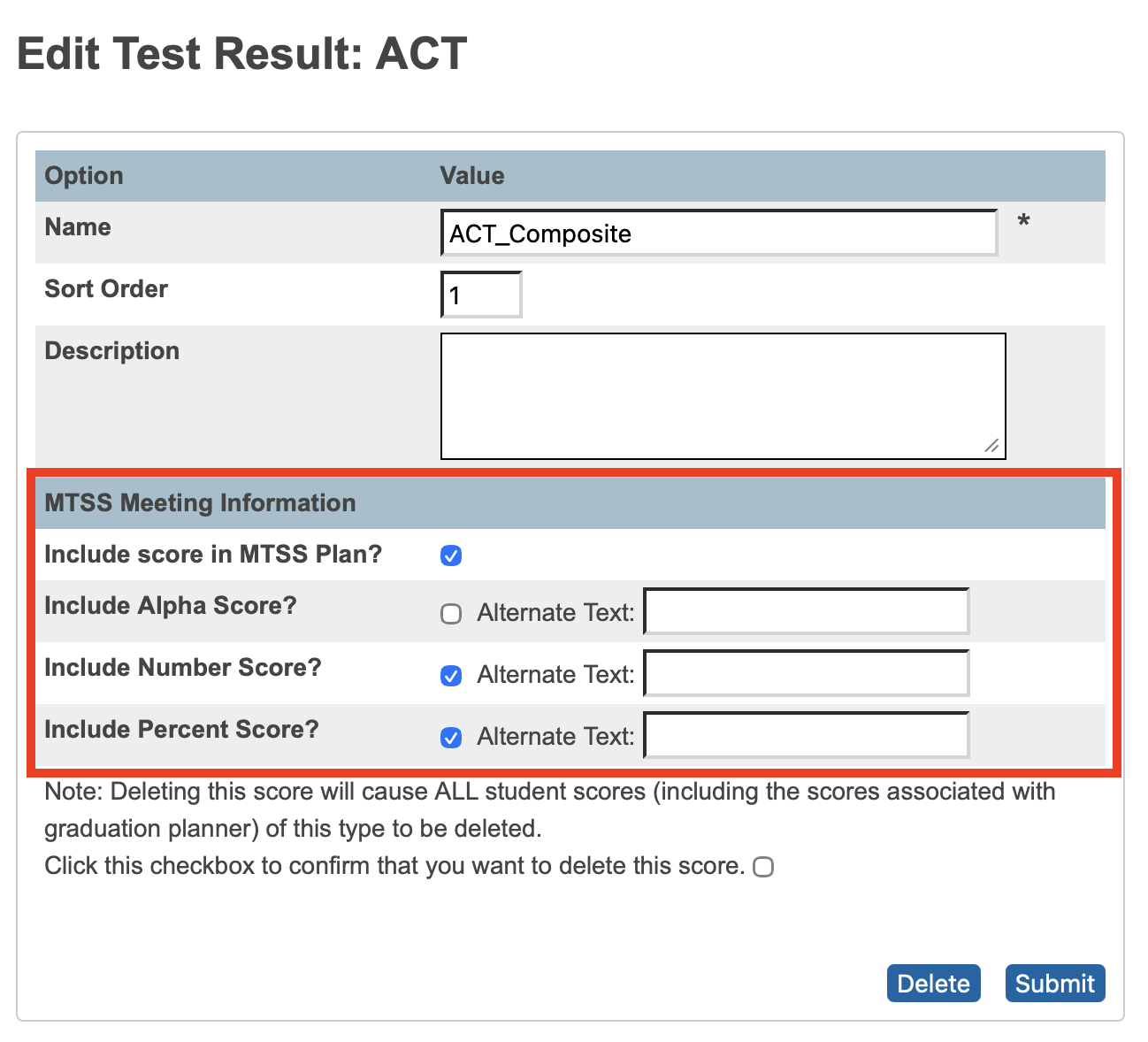 Image highlighting the MTSS settings on each test score's page.