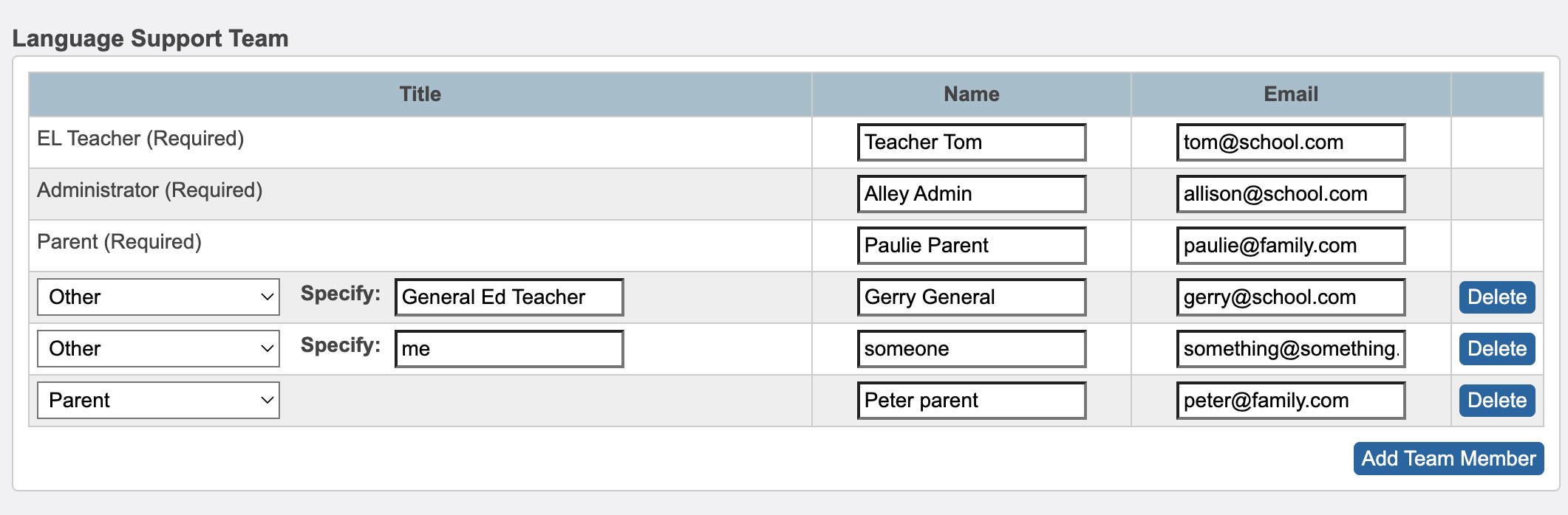 Screenshot showing the Language Support Team section