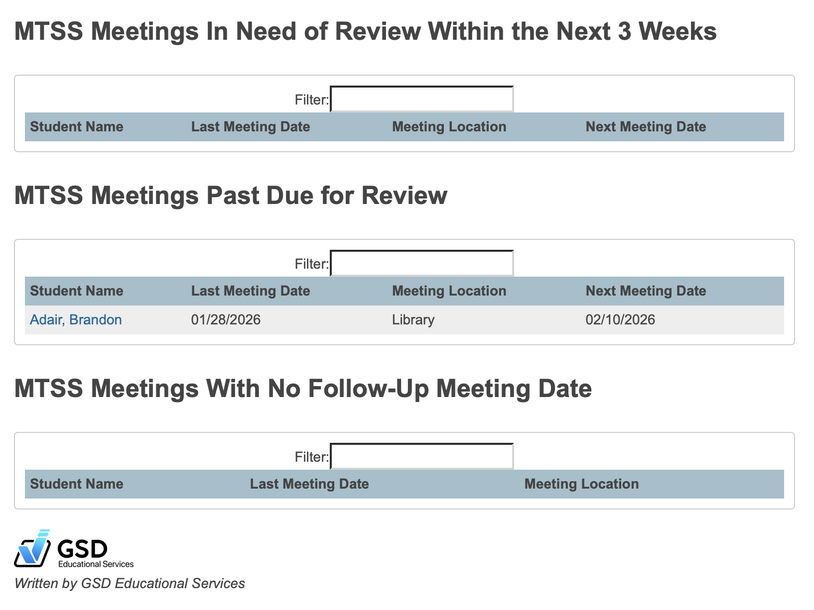 image  showing breakdown of reports that are happening soon, past due, and for which no follow-up meetings have been set.