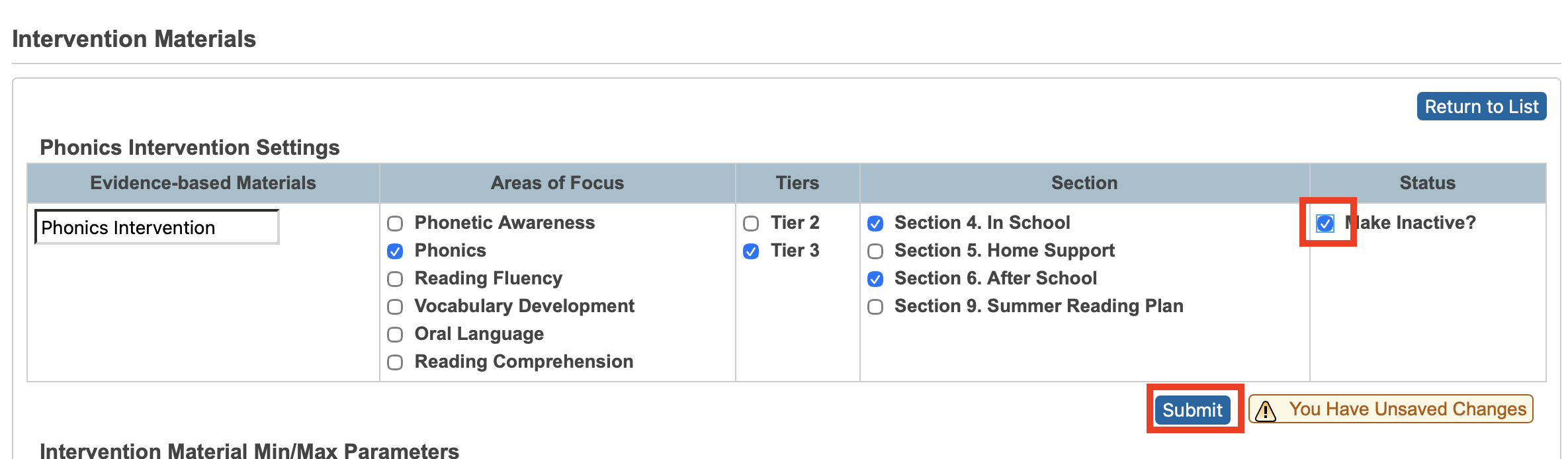 Highlighting the Submit button after clicking the checkbox to make a intervention inactive.