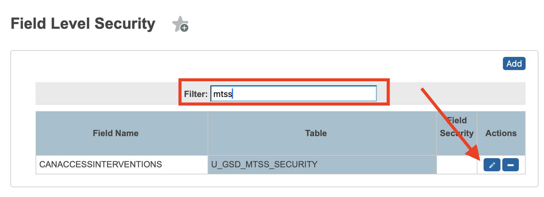 image showing the use of the filter and pointing at the edit button for the field.