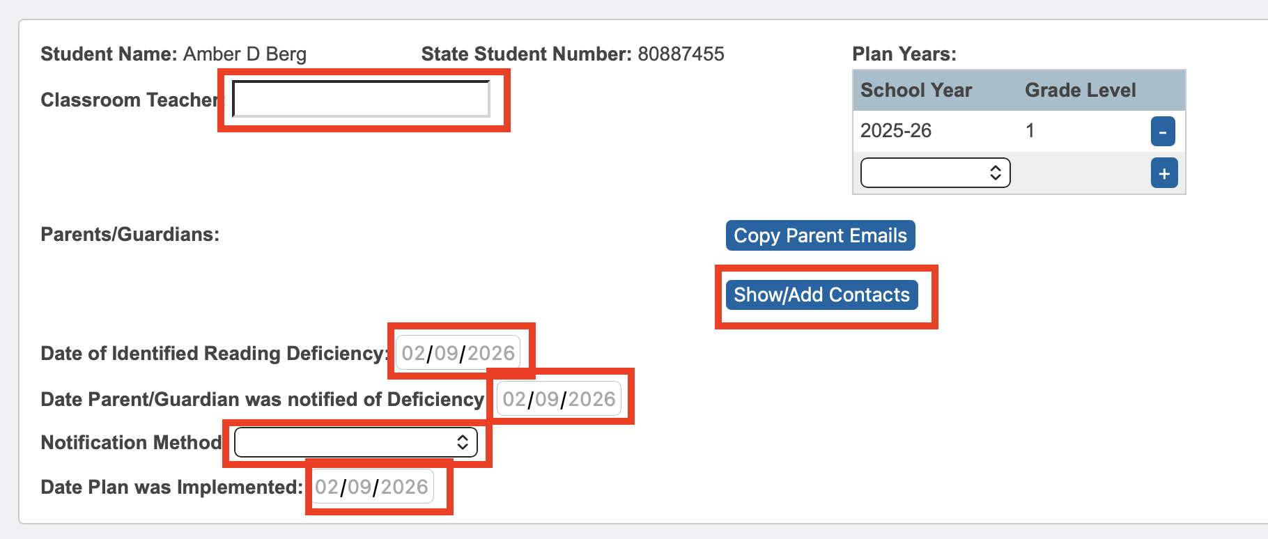 Image identifying the fields necessary to fil out in the student information section