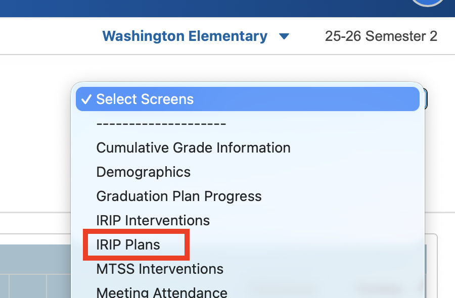 Image showing the IRIP Plans option selected in the menu