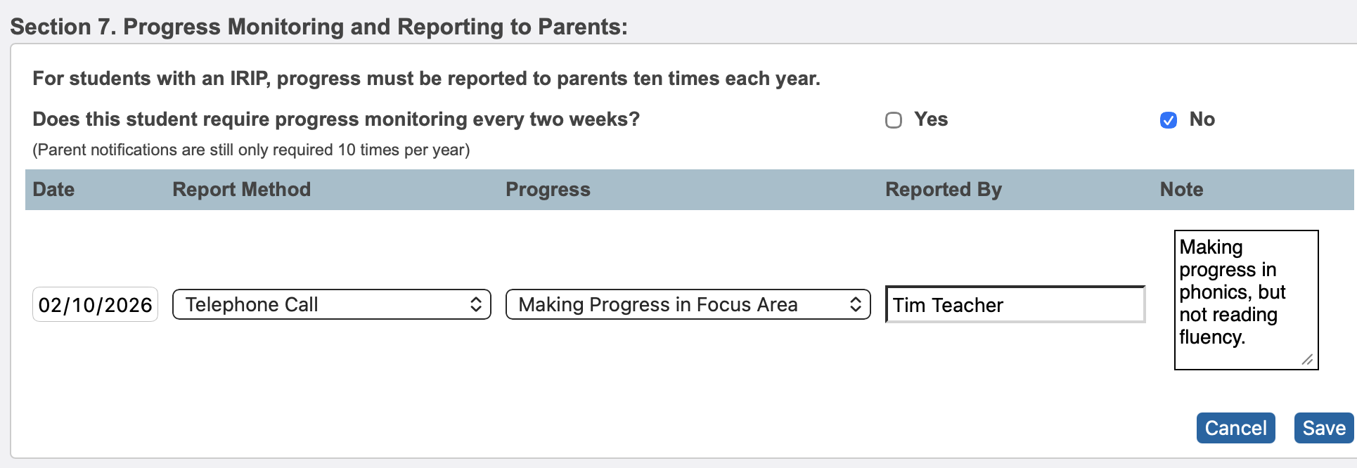 image showing a completed parent notification entry