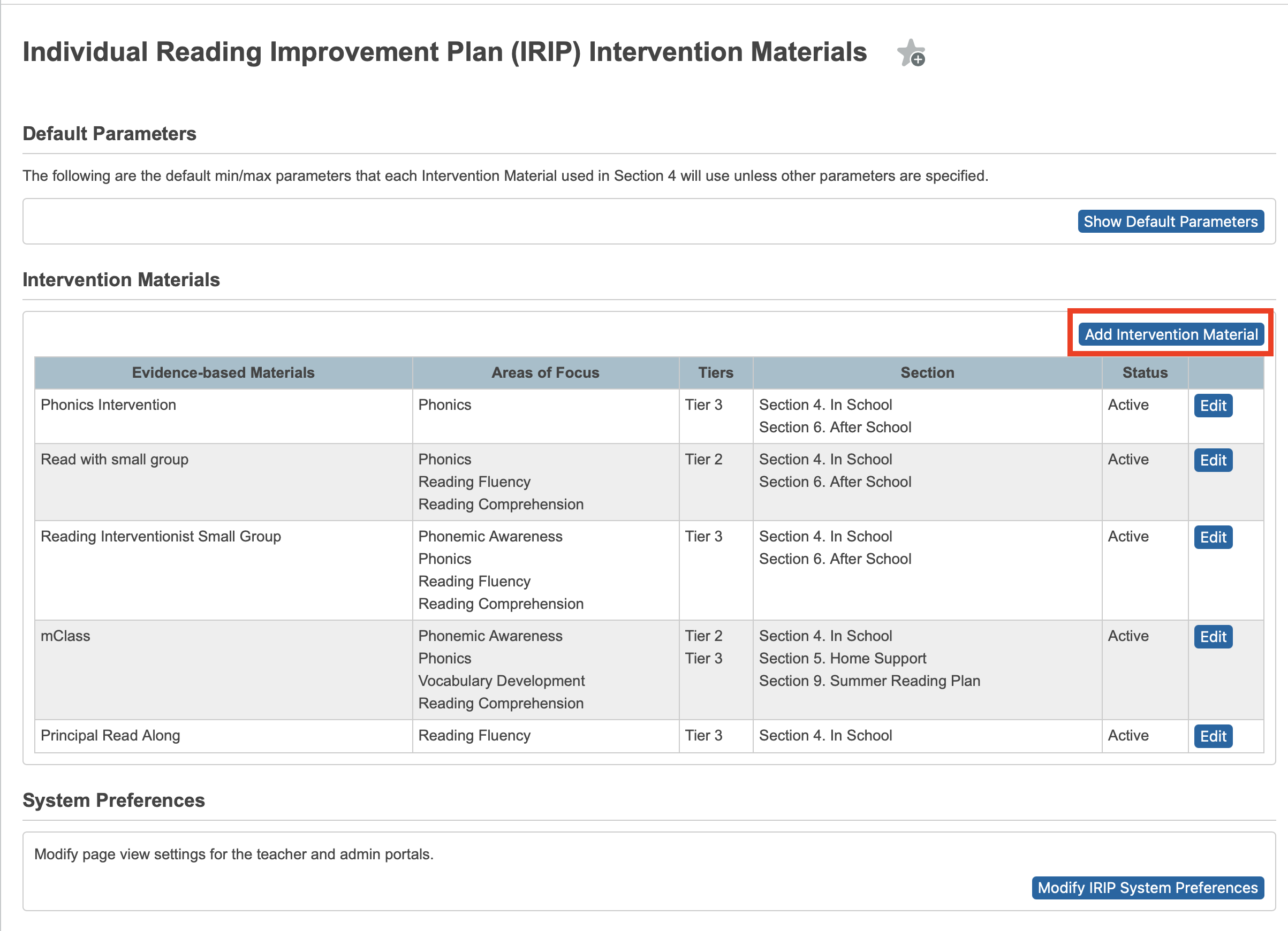Highlighting the Add Intervention Material button