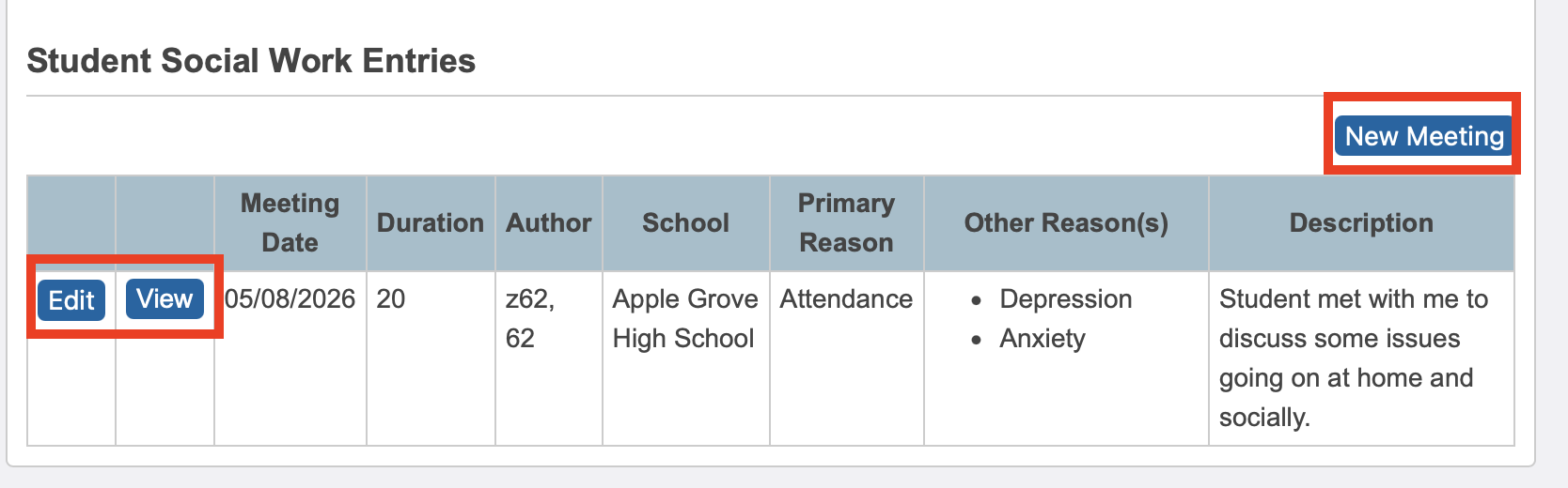 Image showing an existing meeting in the table, and highlighting the button to make a new meeting.