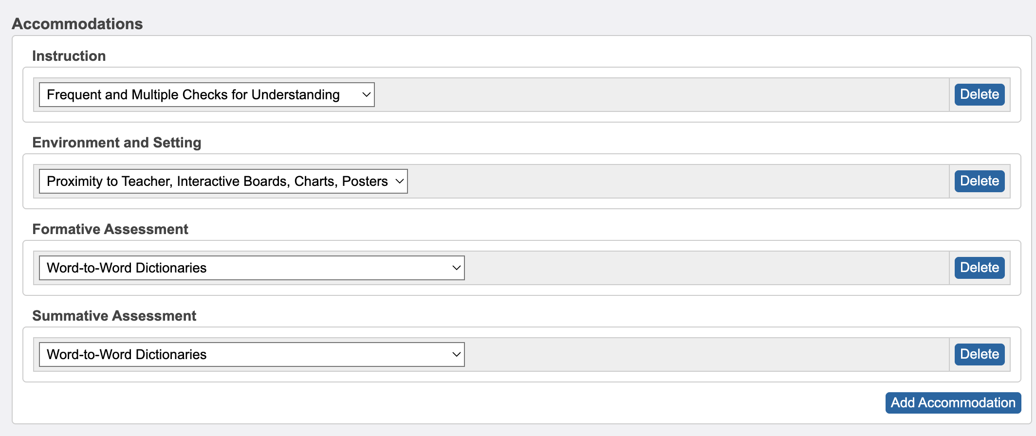 Screenshot showing the Accommodations section.