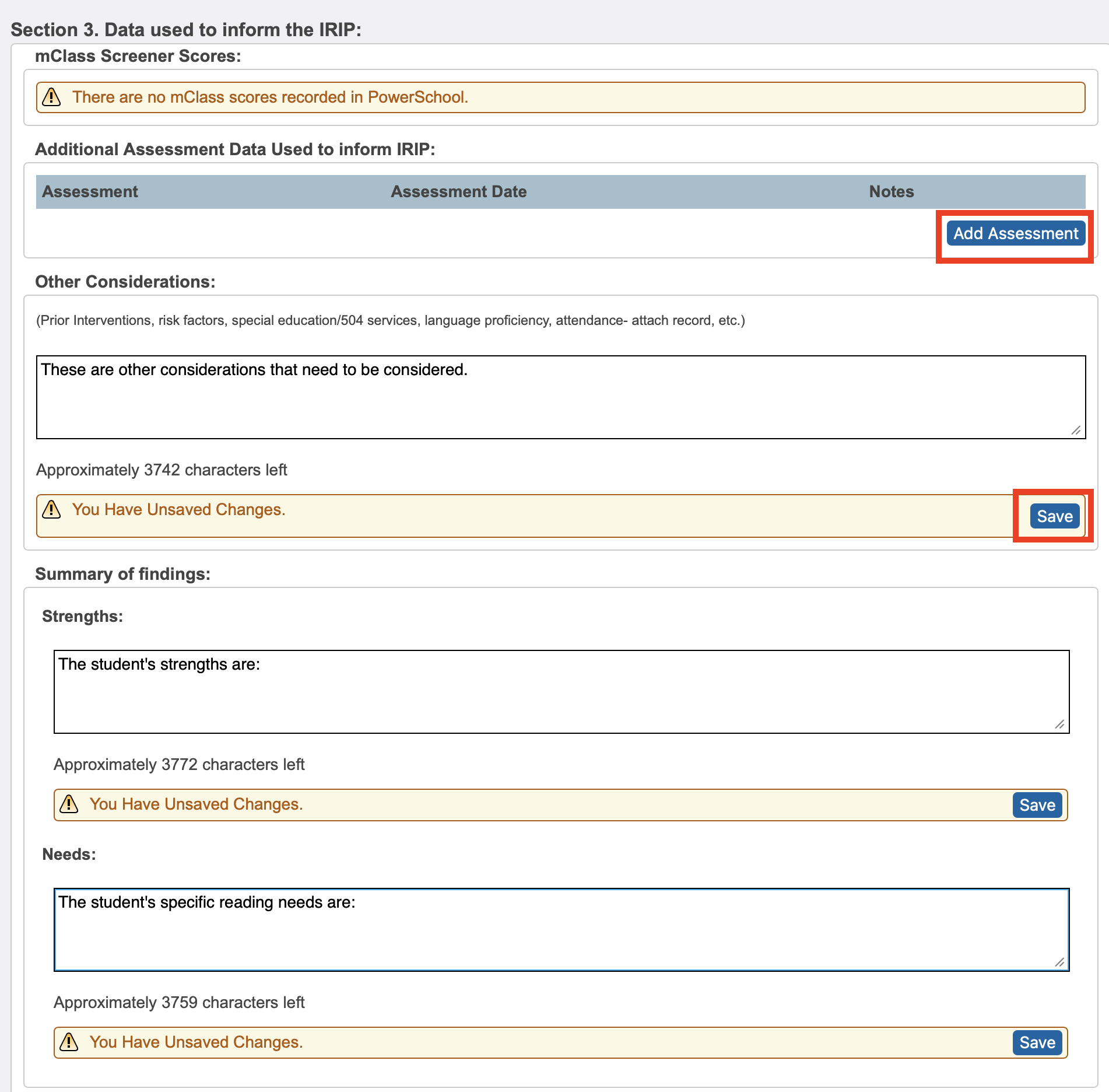 Image highlighting the button to add assessment data and save the data in the other considerations, strengths, and needs areas.