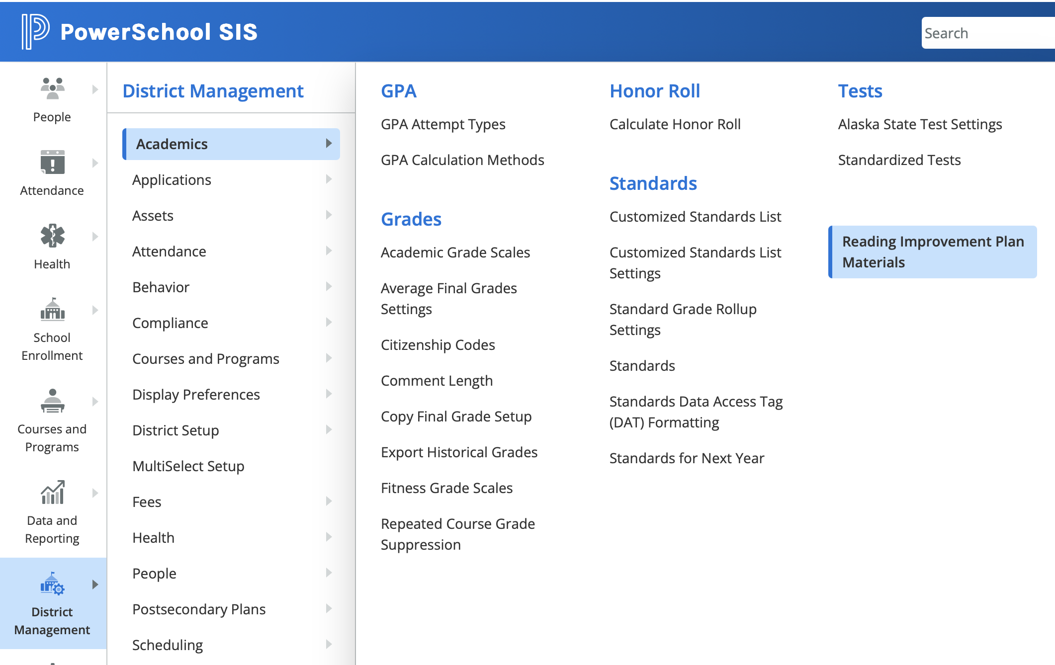 Menu showing navigation from District Management to Academics to Reading Improvement Plan Materials