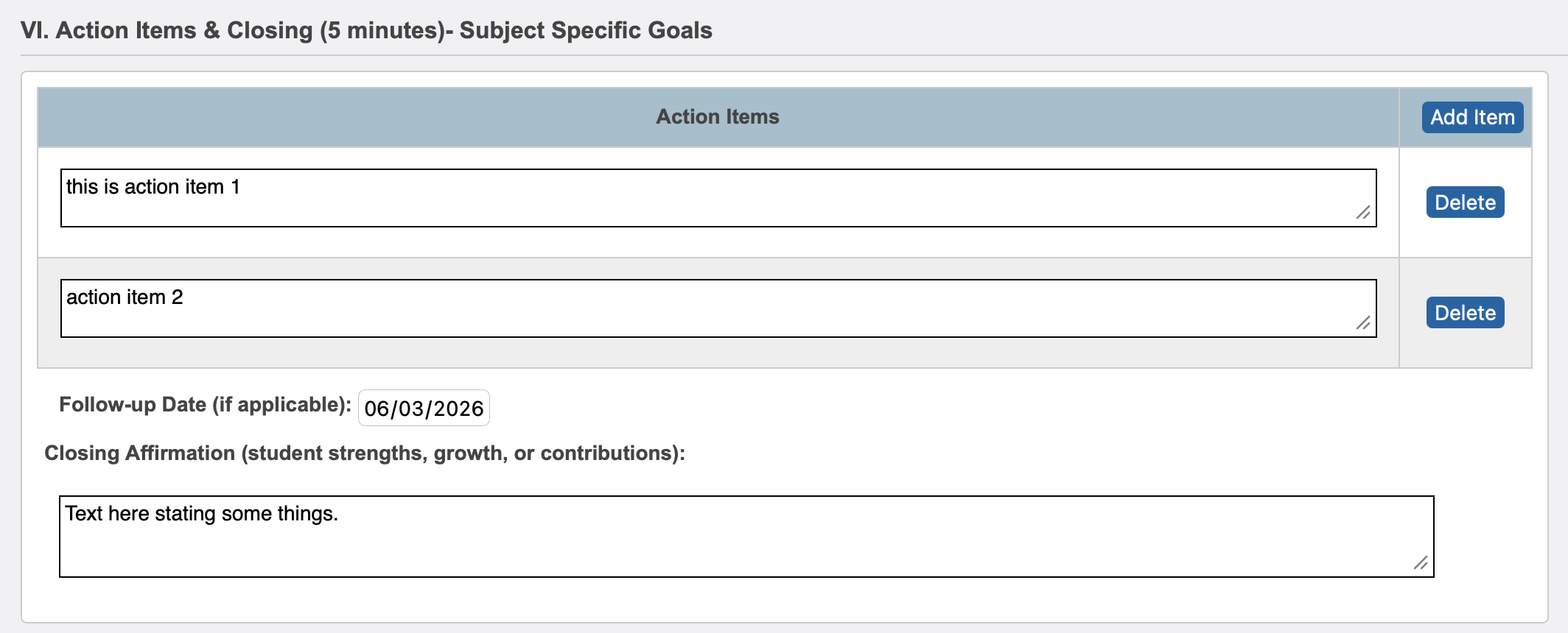 A populated action items and closing section.