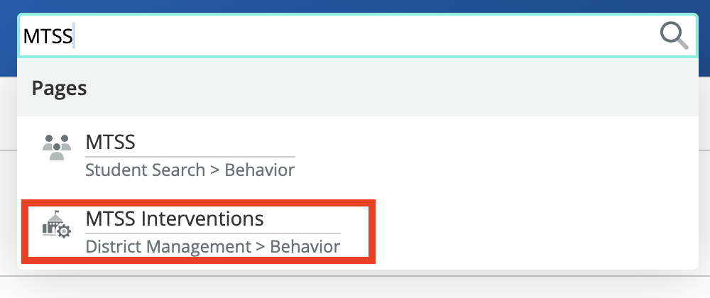 image showing the search box being used to select the MTSS Intervention materials page