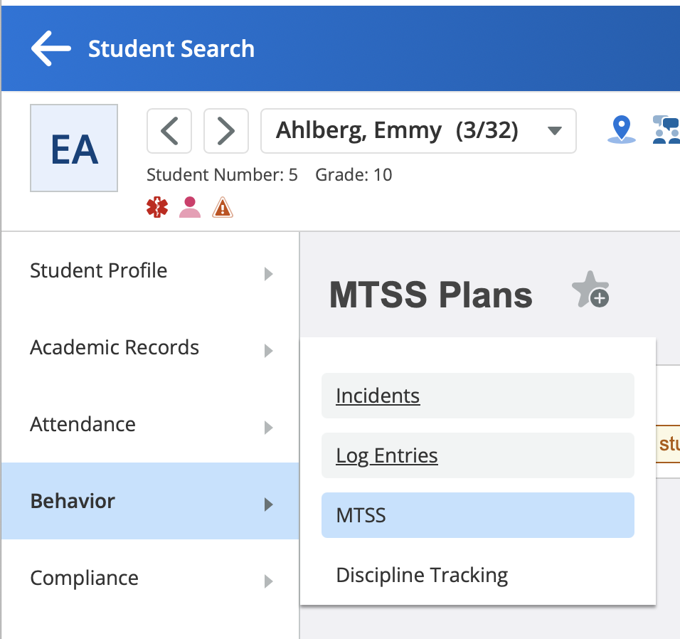 image showing the menu navigation to open the MTSS page.