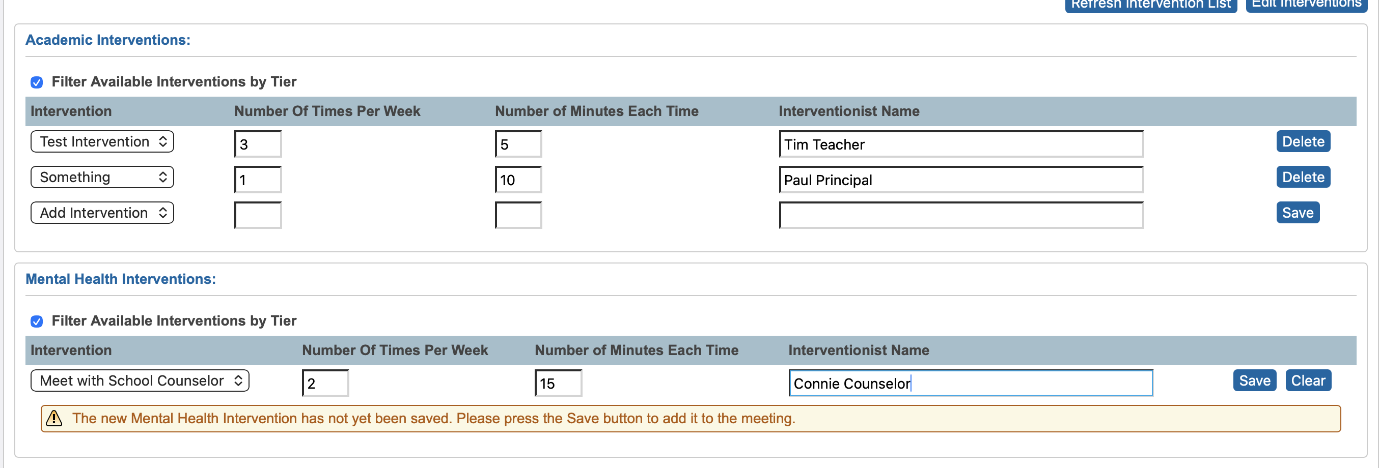 Image showing a mostly completed intervention section, with a warning that the final intervention has not yet been saved.