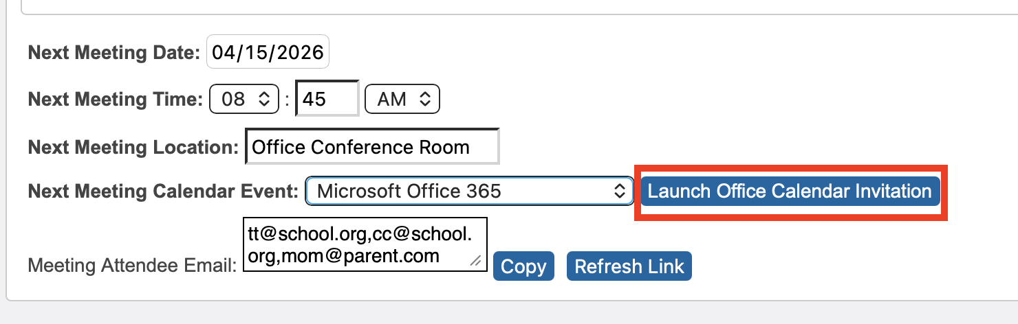 image of the next meeting section, highlighting the button to create a new calendar invite.