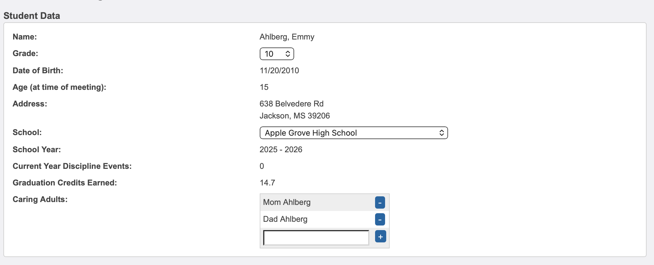 image showing the populated Student Data section.