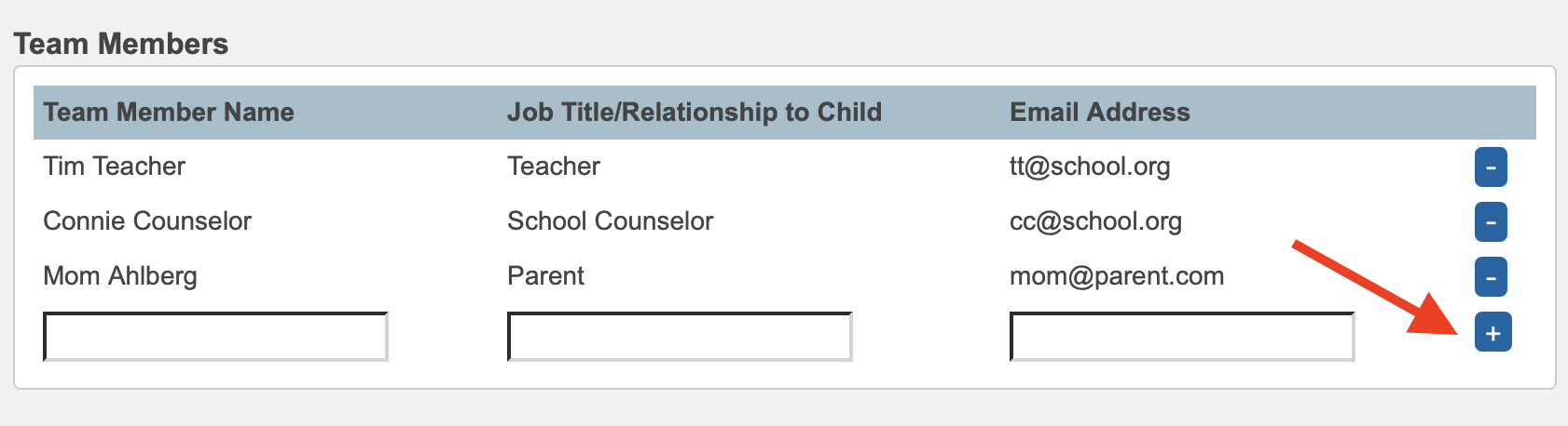 image showing the team member section, highlighting the button required to add a team member