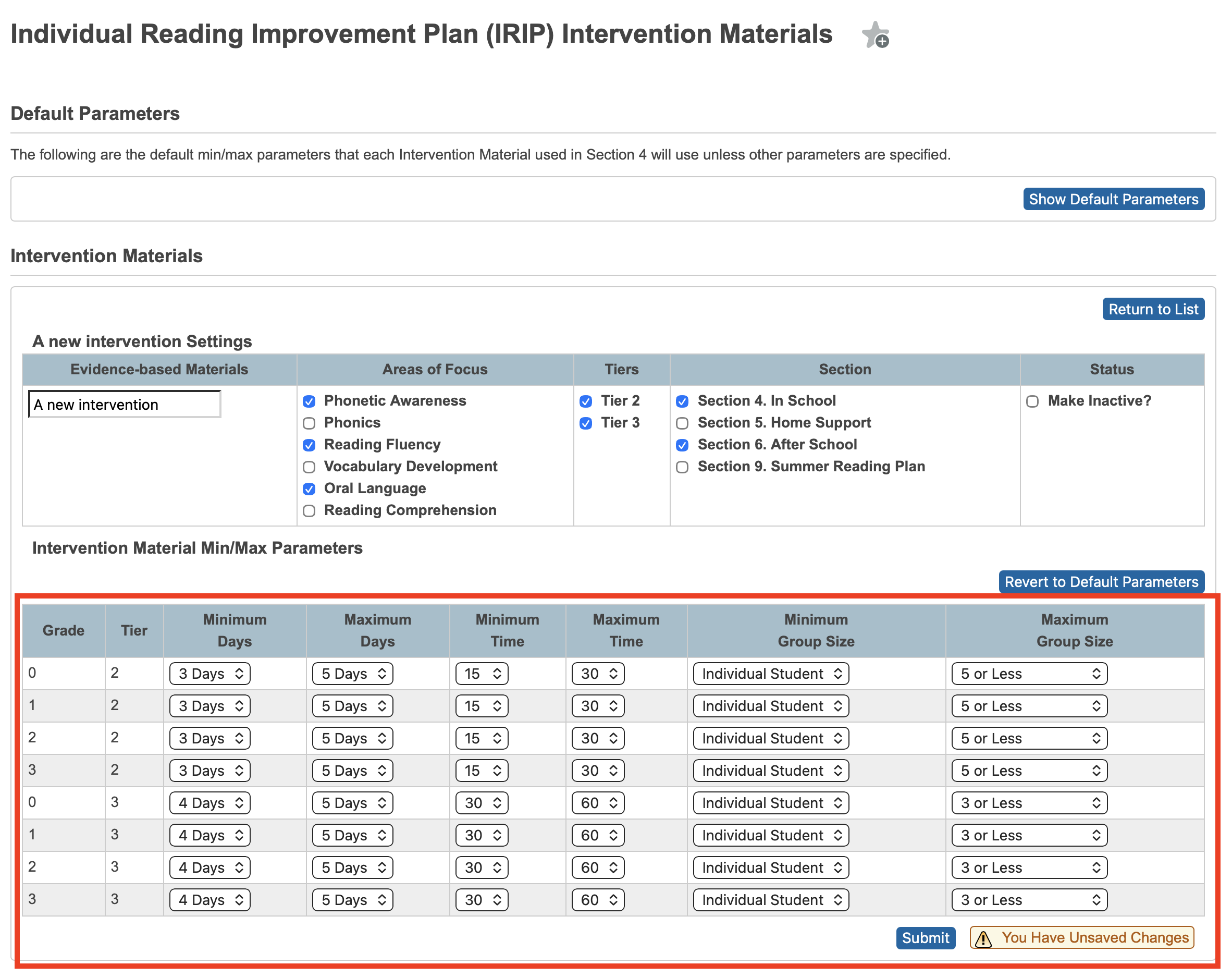Emphasizing the table to customize parameters
