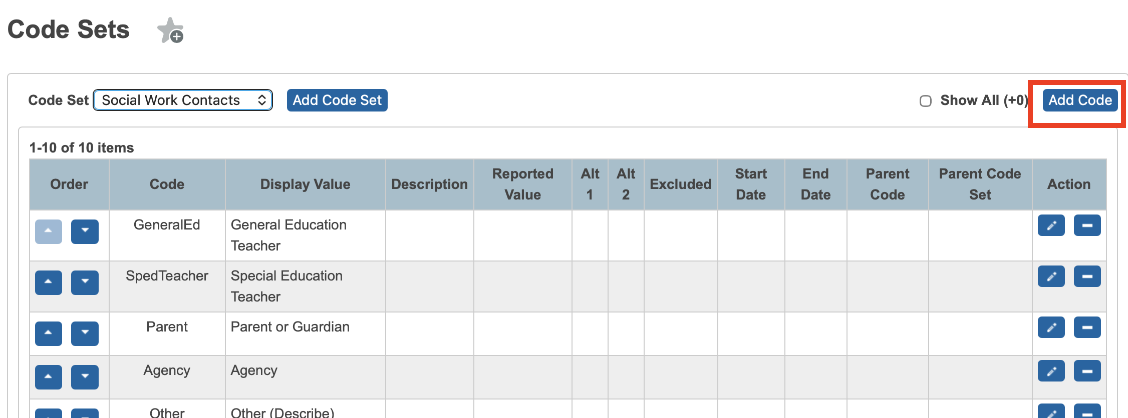 Image highlighting the location of the Add Code button to the upper right of the code set table.