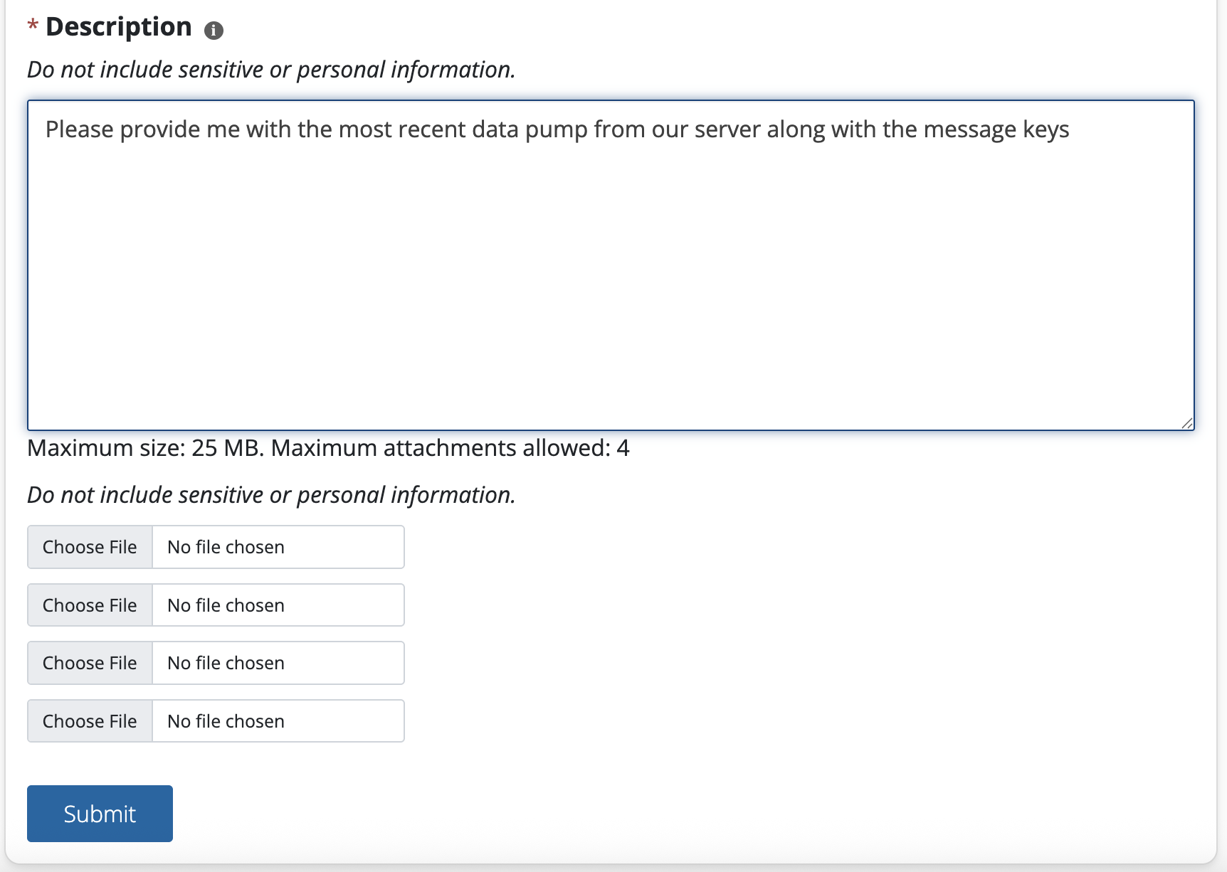 image showing how to enter the description requesting the data pump