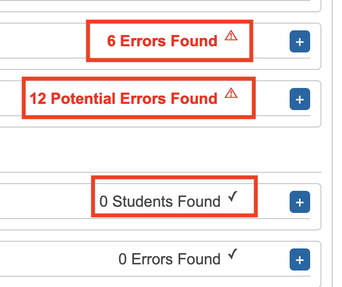 Image highlighting what errors, potential errors, and informational items look like.