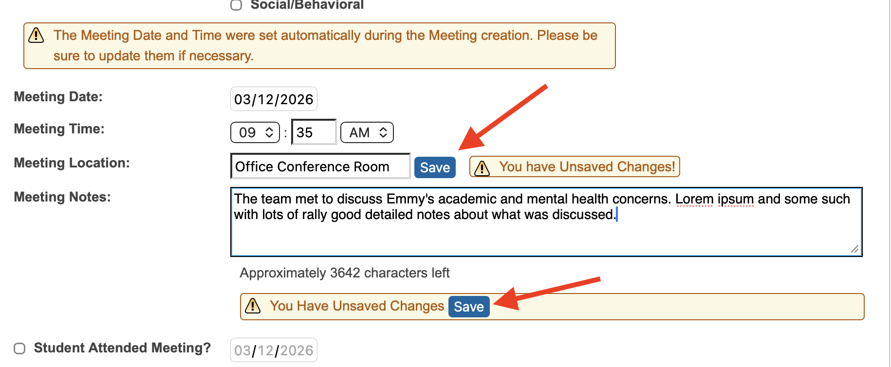image showing the current meeting information section, highlighting the save buttons required for two elements.