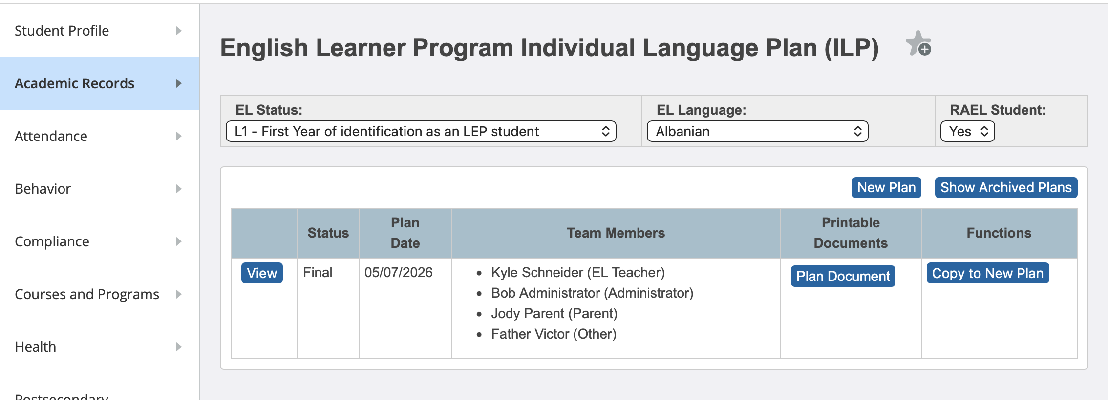 ILP page in plan list mode, with the EL Status bar at the top and a table of the student's existing plans.