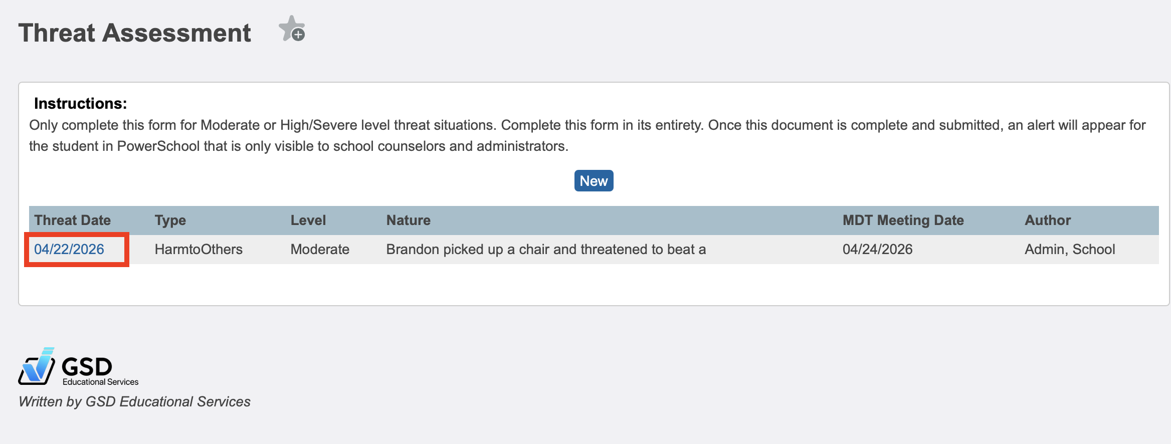 Image highlighting the Threat Date that must be clicked on to edit a Threat Assessment.
