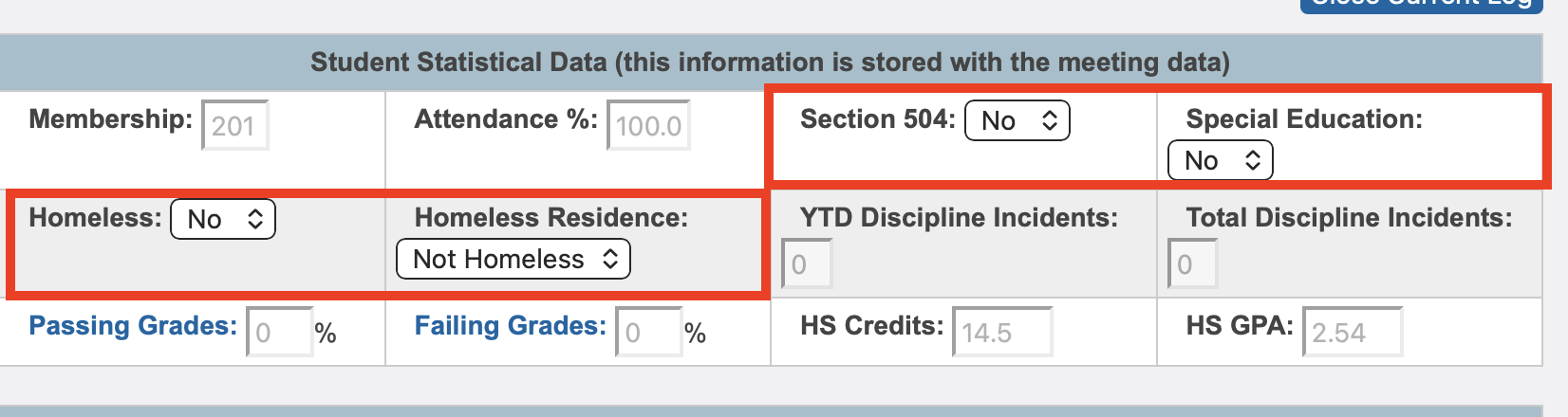 Image showing the Statistical Data section, highlighting the Section 504, Special Education, and Homeless fields that should be set by the user.