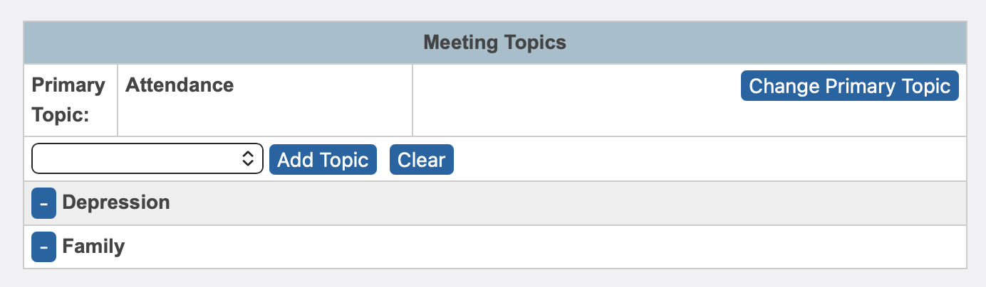 Image showing the Meeting Topics section with a primary topic and two secondary topics configured.