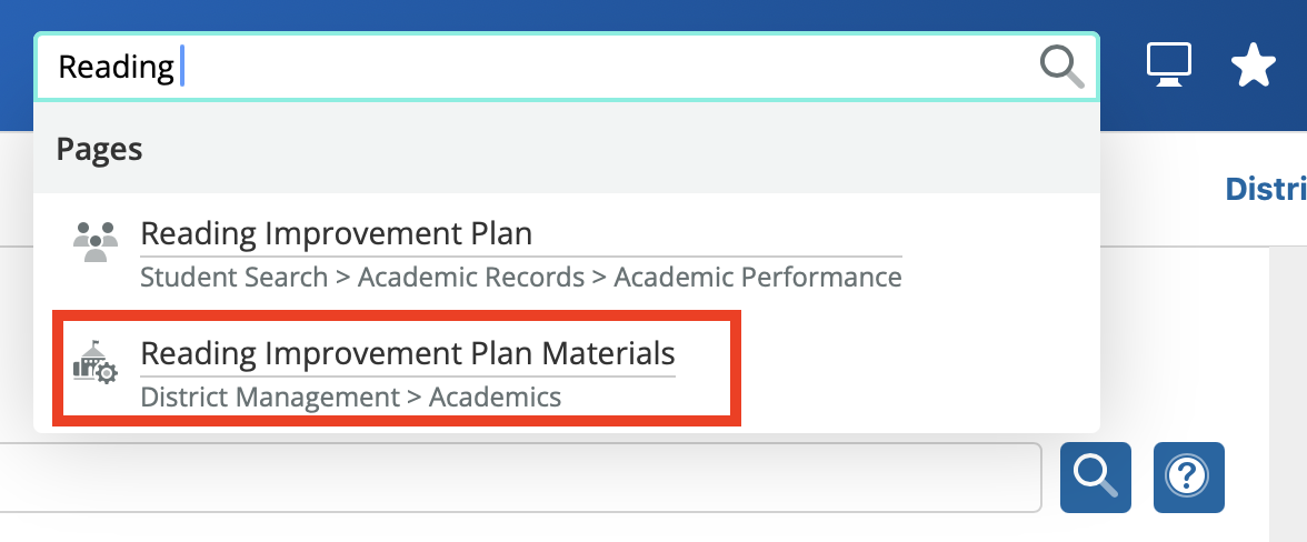 image showing the search menu to select the Reading Improvement Plan Materials page