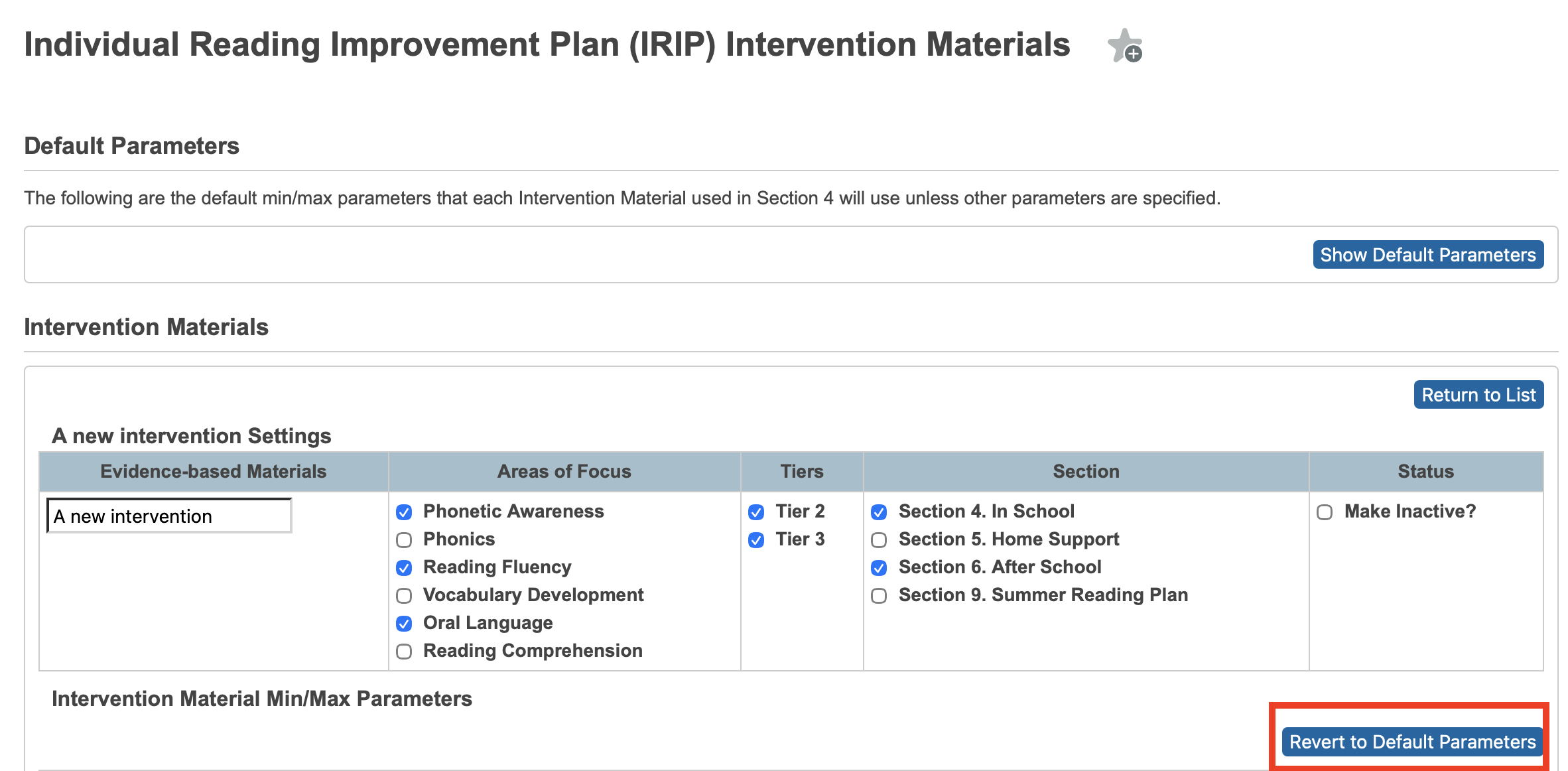 image highlighting the revert to default parameters button