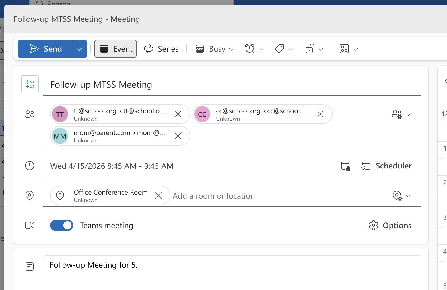 image of a sample Microsoft Office calendar event.