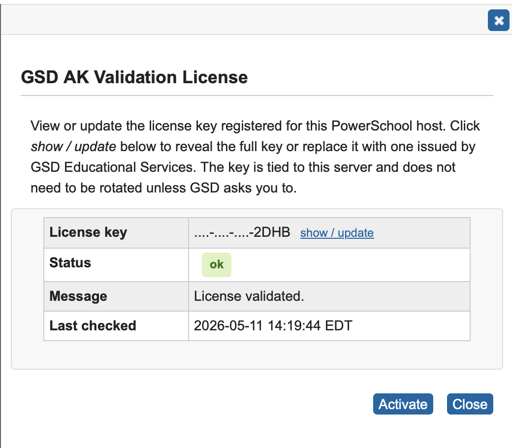 Image showing what the license validation slide-out looks like upon successful validation.