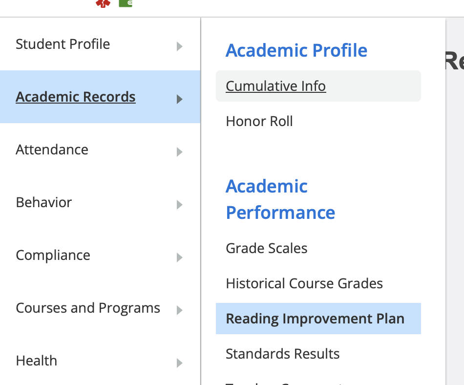 Menu showing menu click path of academic records, then reading improvement plan