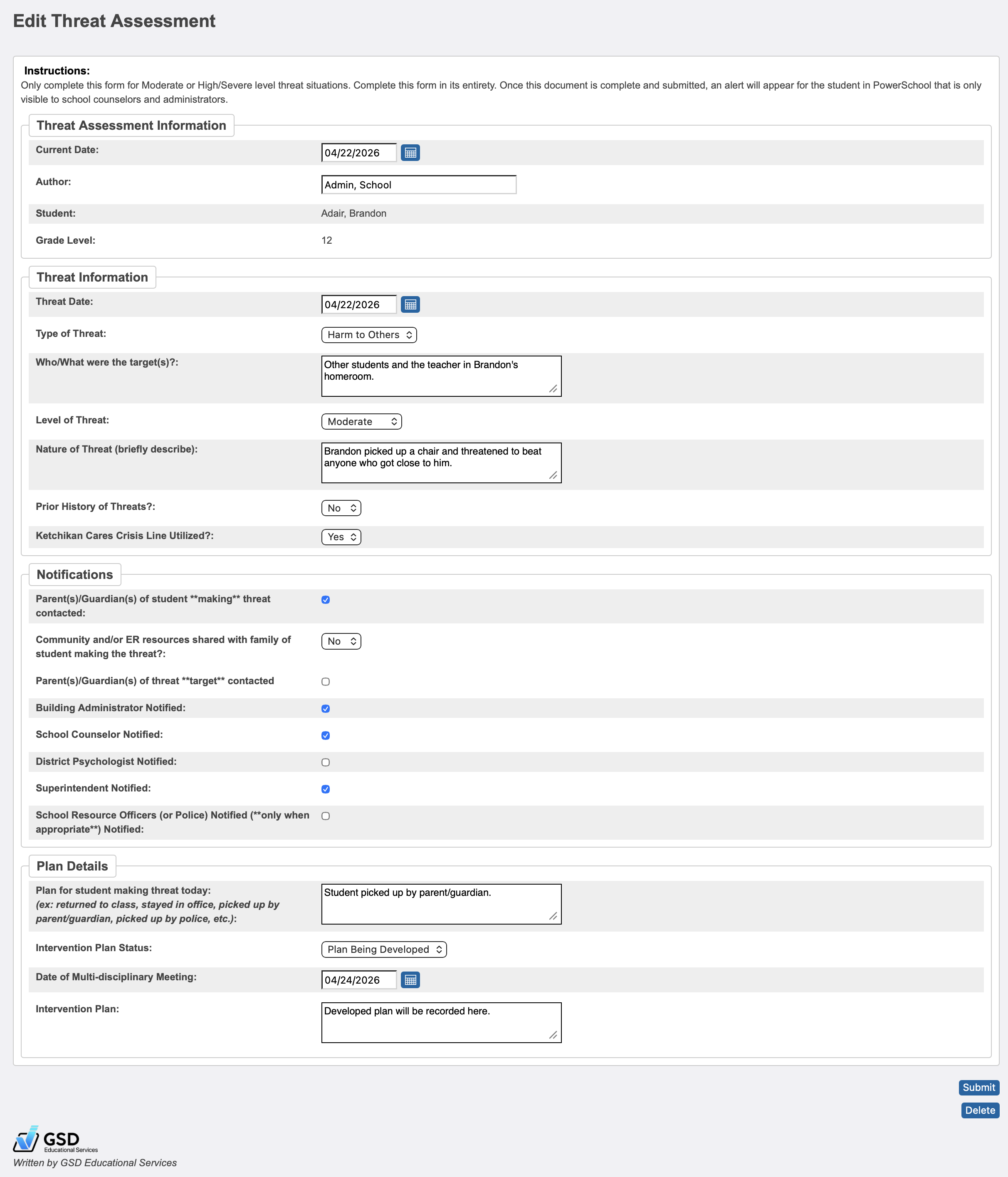 Image showing a Threat Assessment with a Submit and Delete button at the bottom of the page.