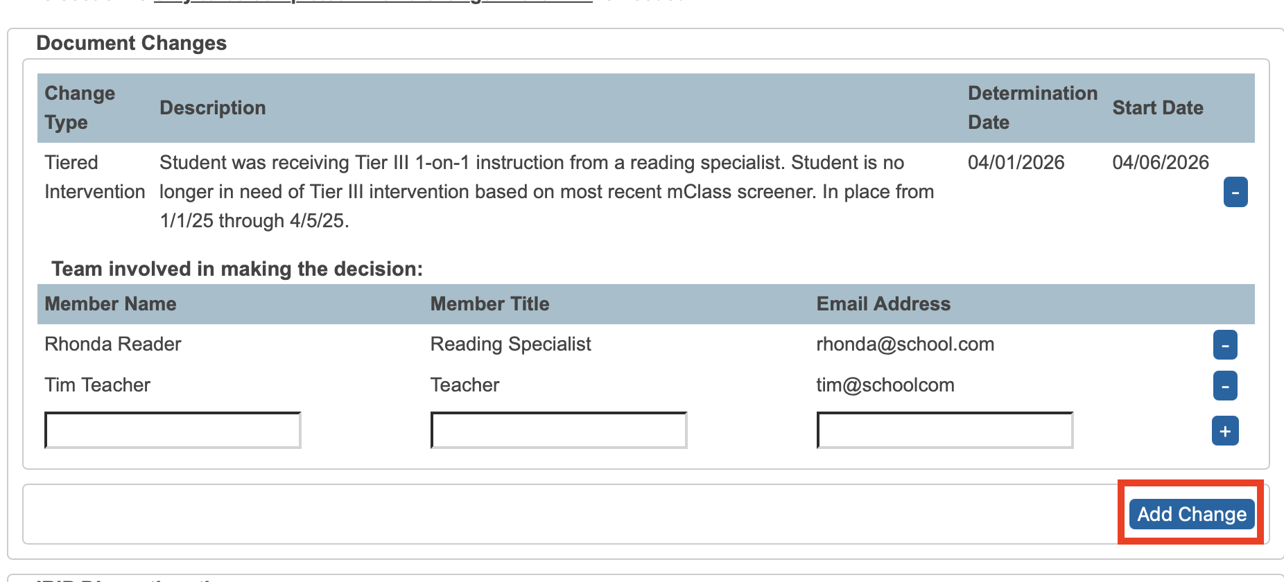 image highlighting the Add Change button