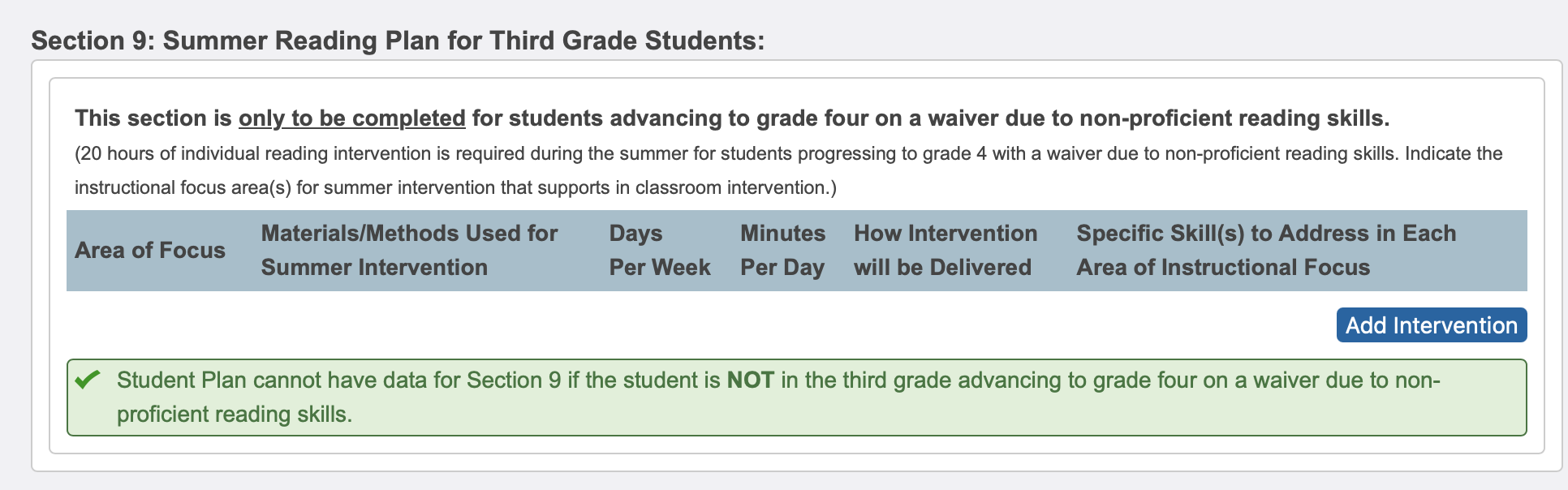 summer reading intervention section