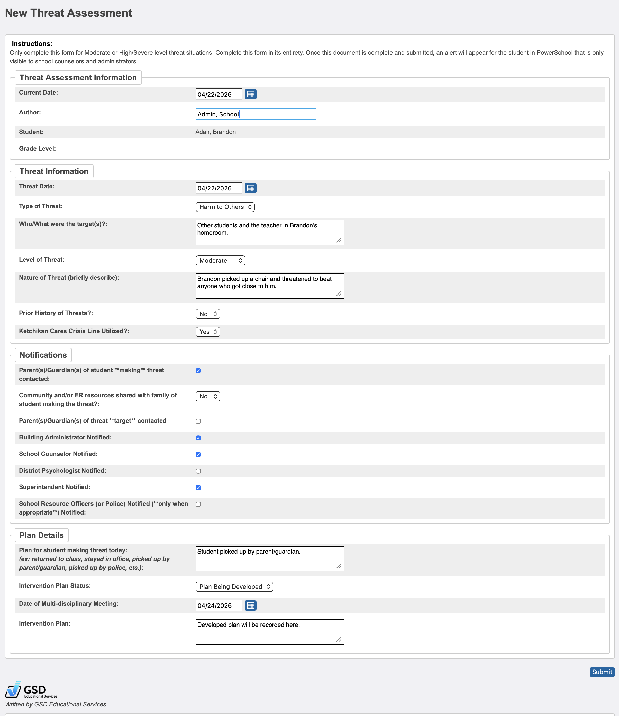 Image showing a completed Threat Assessment.