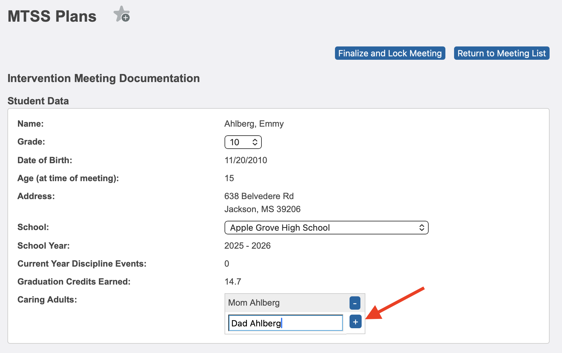 image showing the student data section, highlighting the button to push to add a caring adult