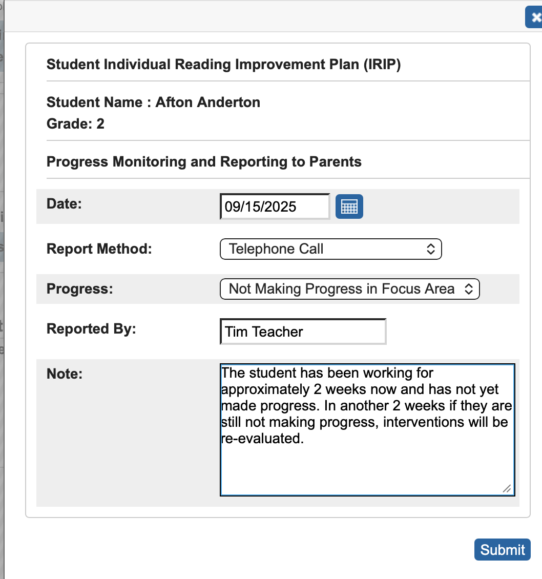 Image showing the progress monitoring menu populated with fake data.